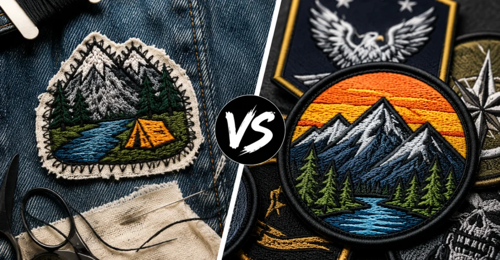Premium custom embroidered, PVC, woven, and Velcro patches displayed on tactical gear with professional craftsmanship.